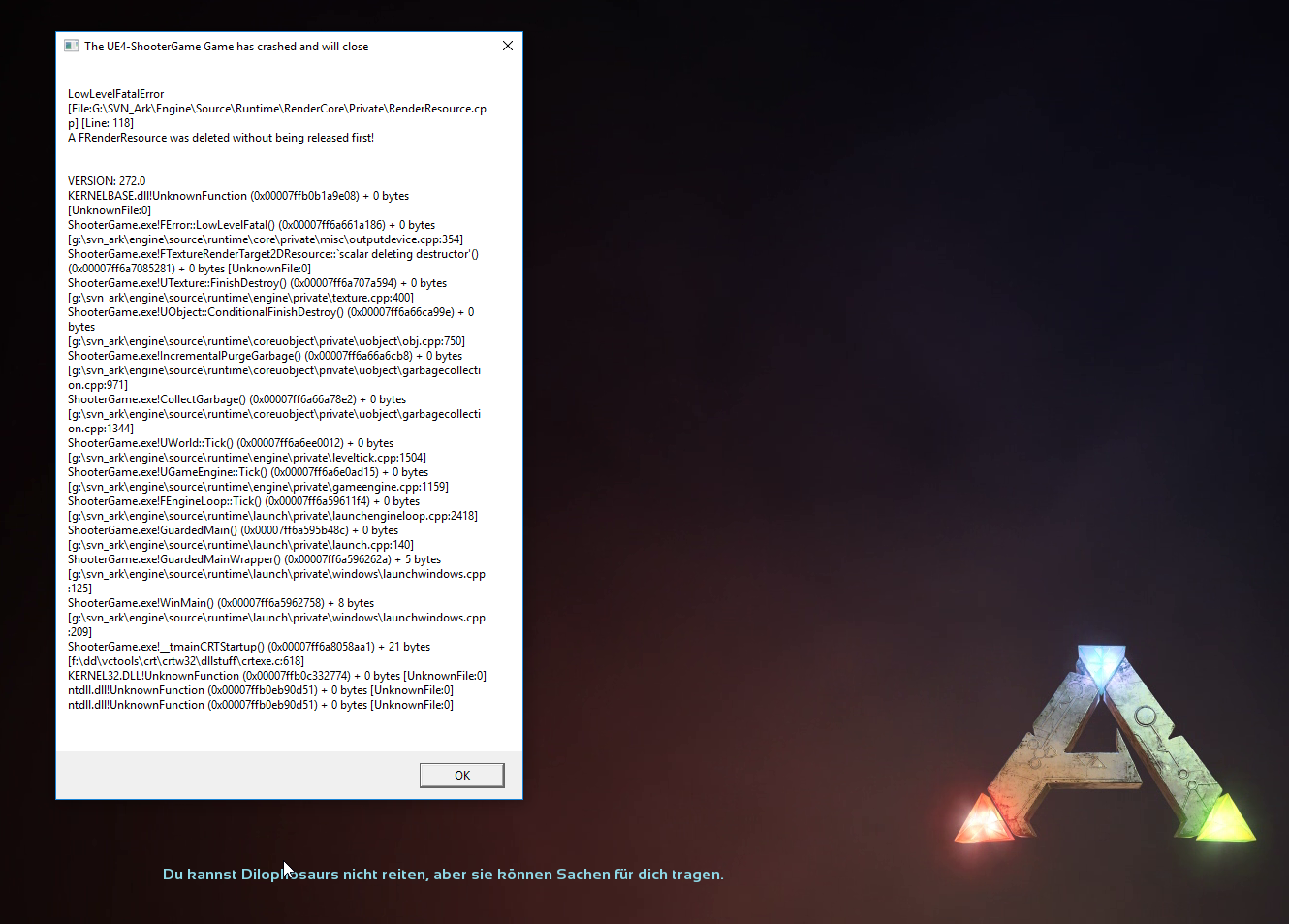 The Ue4 Shootergame Game Has Crashed And Will Close Patch 271 24 Ark Fragen Probleme Diskussionen Ark Forum Atlas Forum Deutsches Forum Fur Ark Survival Evolved Atlas Mmo